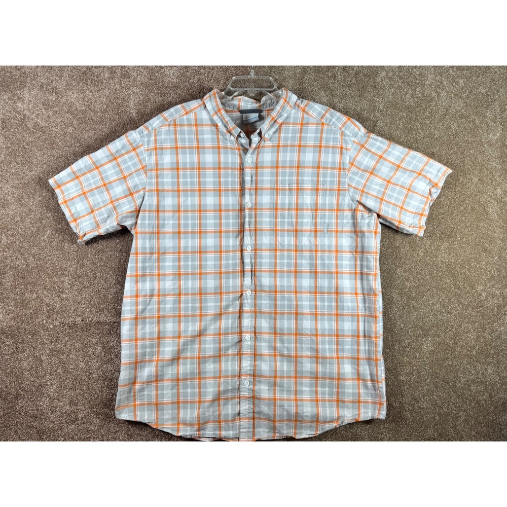 Columbia Mens XXL Short Sleeve Button Down Shirt Orange Grey Plaid Cotton Casual